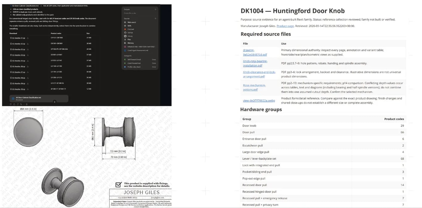Retrieval agent output with product drawings and a source file list