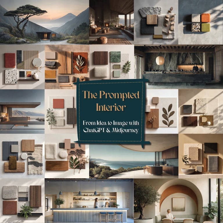 Cover of The Prompted Interior: a grid of interior renders and material mood boards