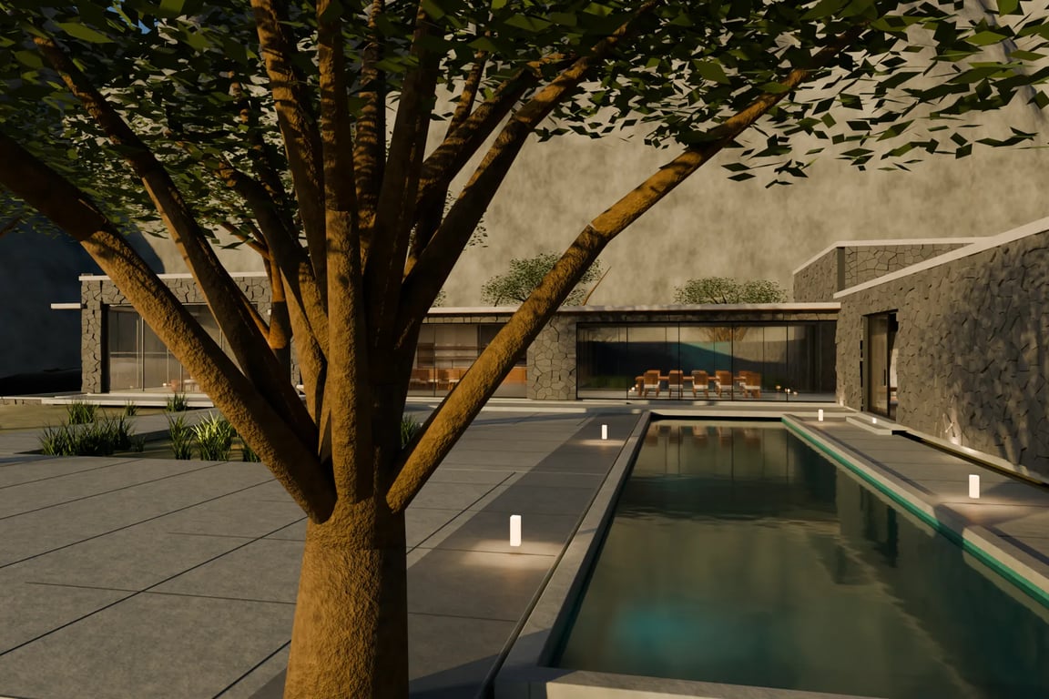 AI-built Blender model after sketch and prompt amendments: Pool courtyard