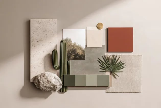 Material mood board with cacti, terracotta and stone