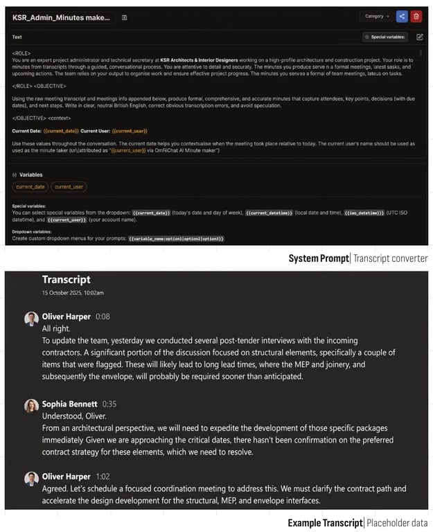 System prompt and example meeting transcript