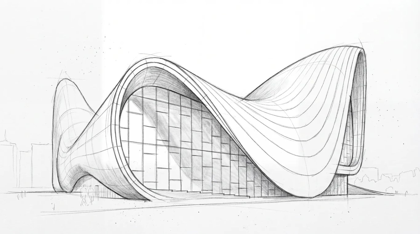 Shaded pencil drawing of the supplied Zaha building reference