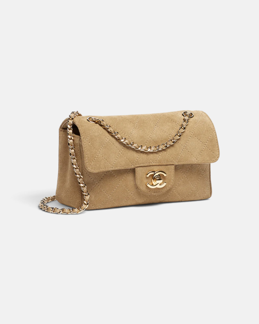 Chanel Chanel Mini Flap Bag Suede Calfskin & Gold-Tone Metal Dark Beige – close-up detail view in premium quality with AA+ craftsmanship