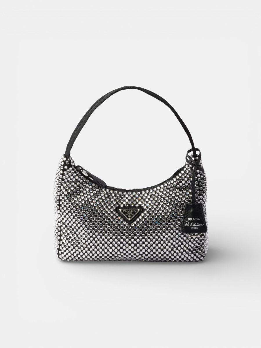 Prada Re-Edition Mini Satin Bag with Crystals Black