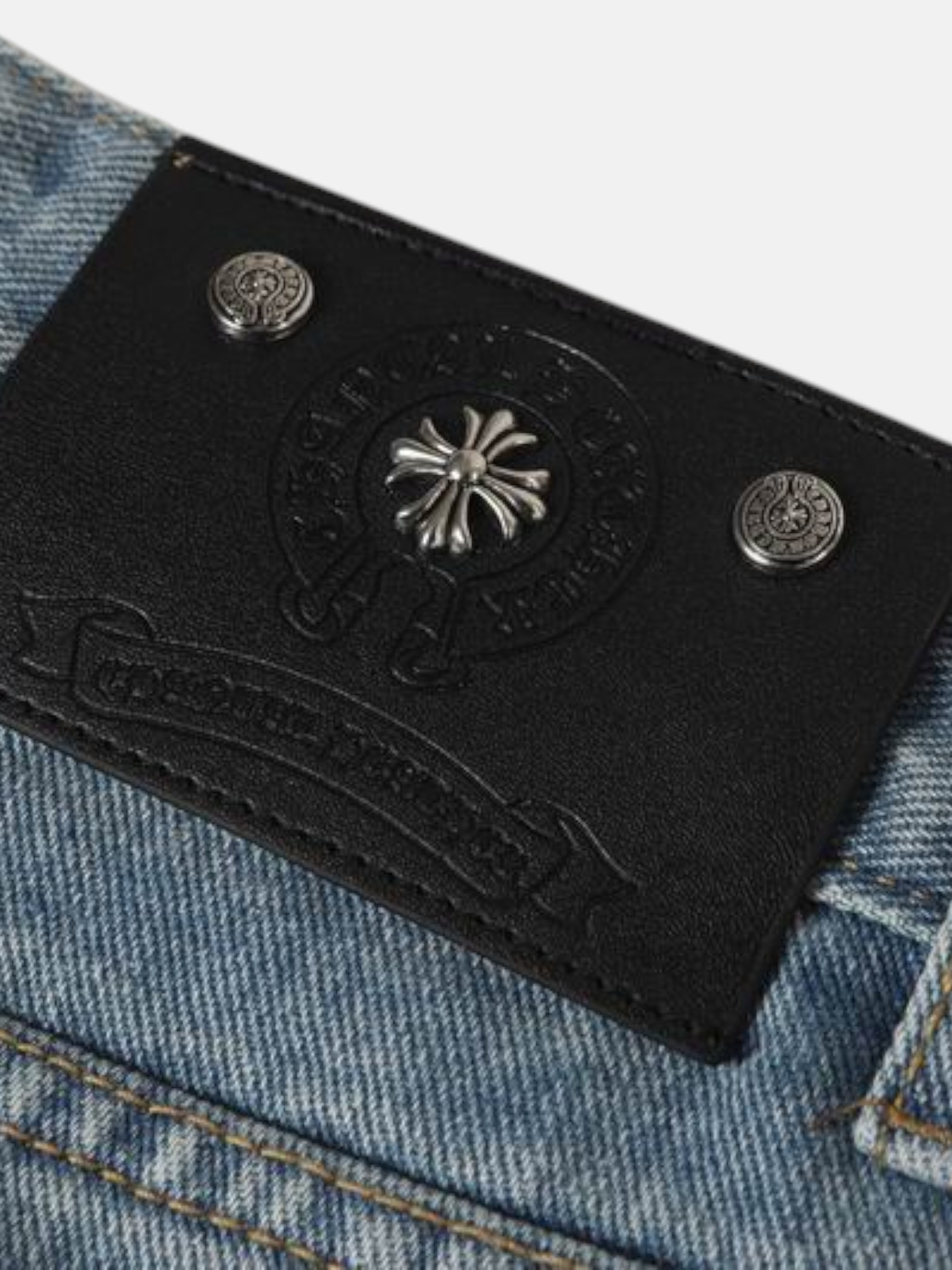 Chrome Chrome Hearts Minimal Cross Jeans Light Blue – close-up detail view in premium quality with AA+ craftsmanship