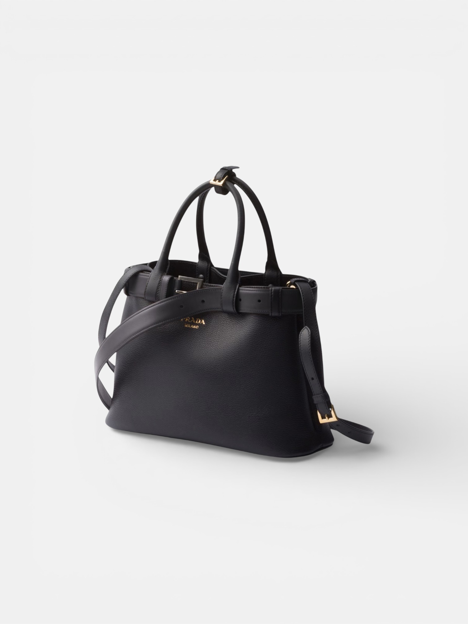 Prada Prada Buckle Small Leather Handbag Black – side profile view in premium quality with AA+ craftsmanship