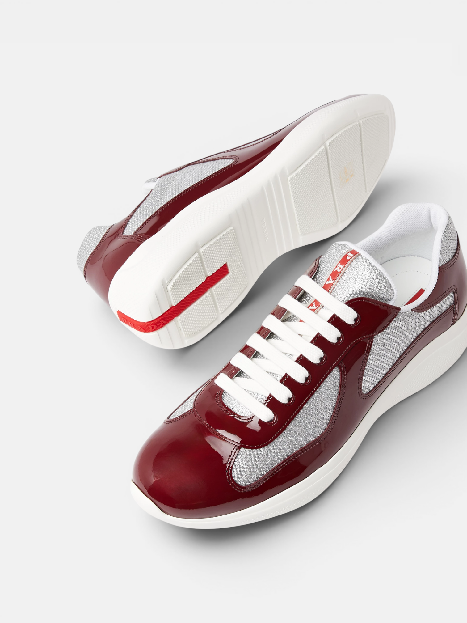 Prada Prada Cups Sneaker Burgundy – close-up detail view in premium quality with AA+ craftsmanship