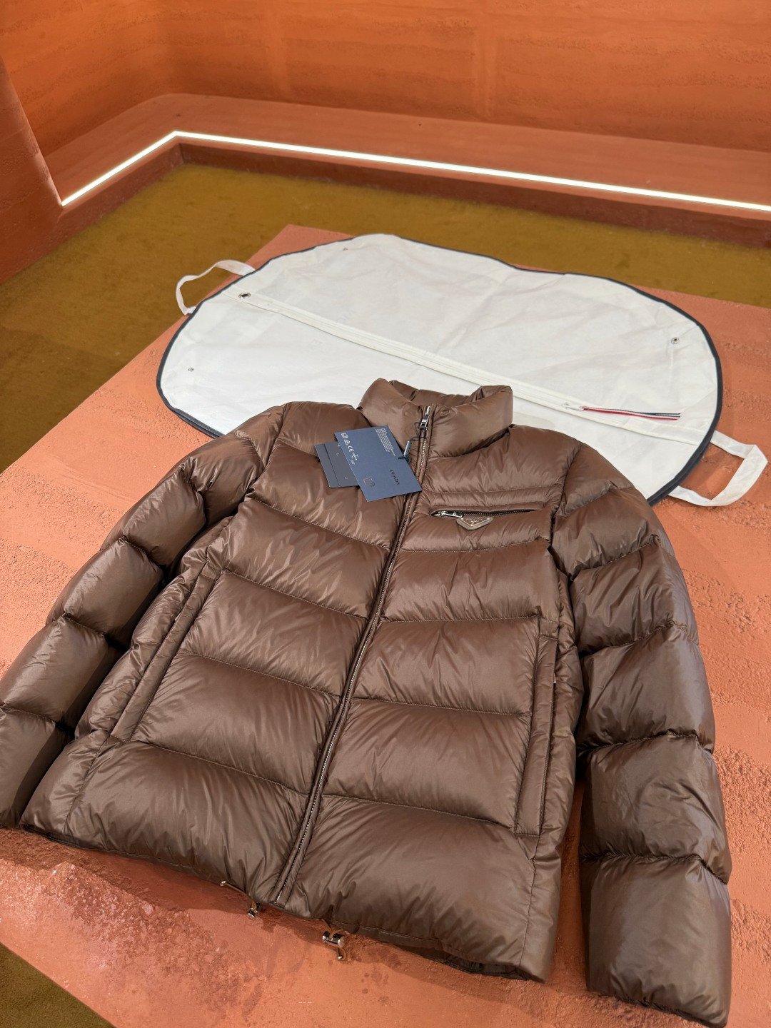 Prada Prada Puffer Jacket Brown – detail view in premium quality with AA+ craftsmanship