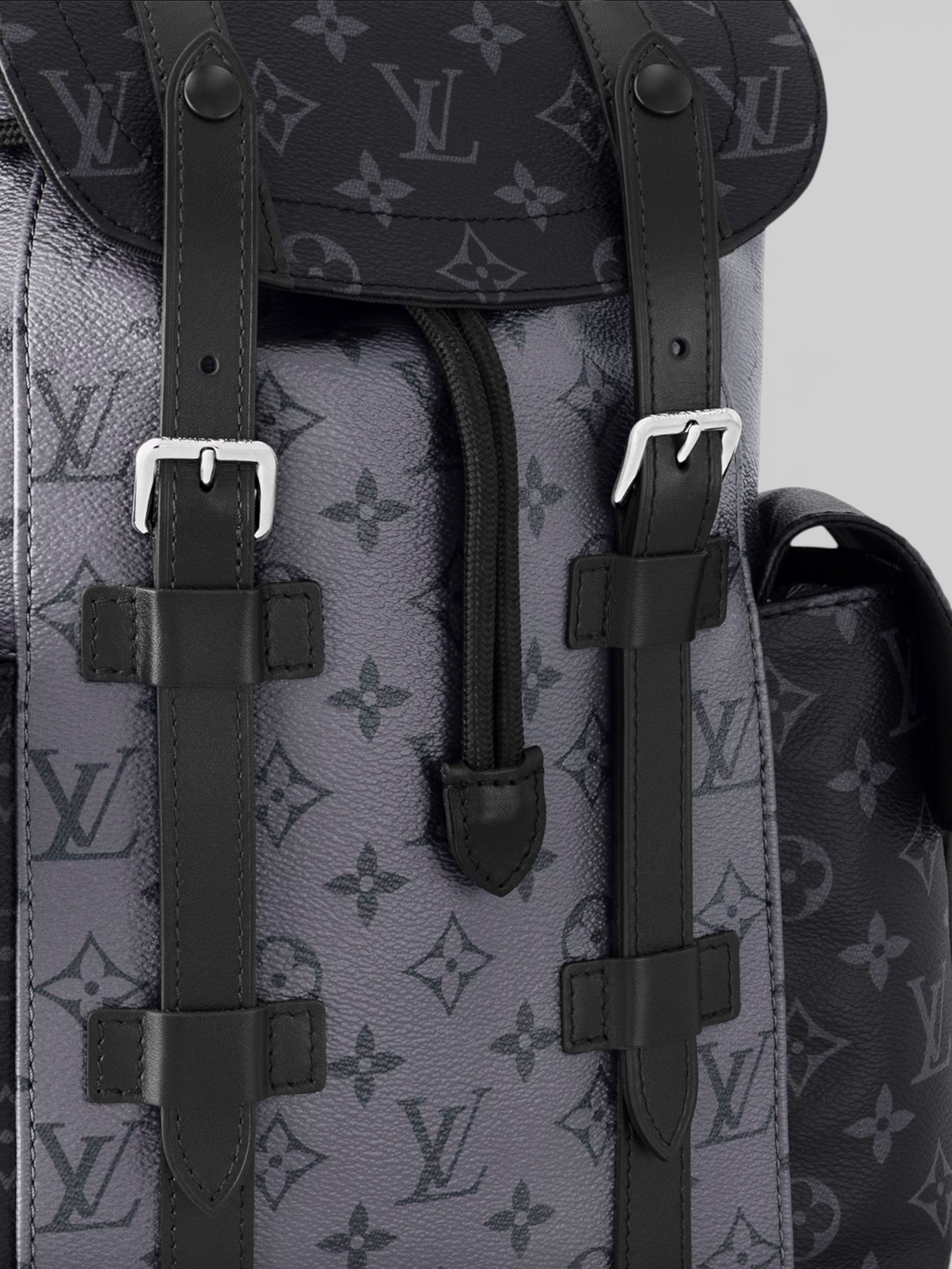 Louis Louis Vuitton Christopher PM Backpack Monogram Eclipse – close-up detail view in premium quality with AA+ craftsmanship