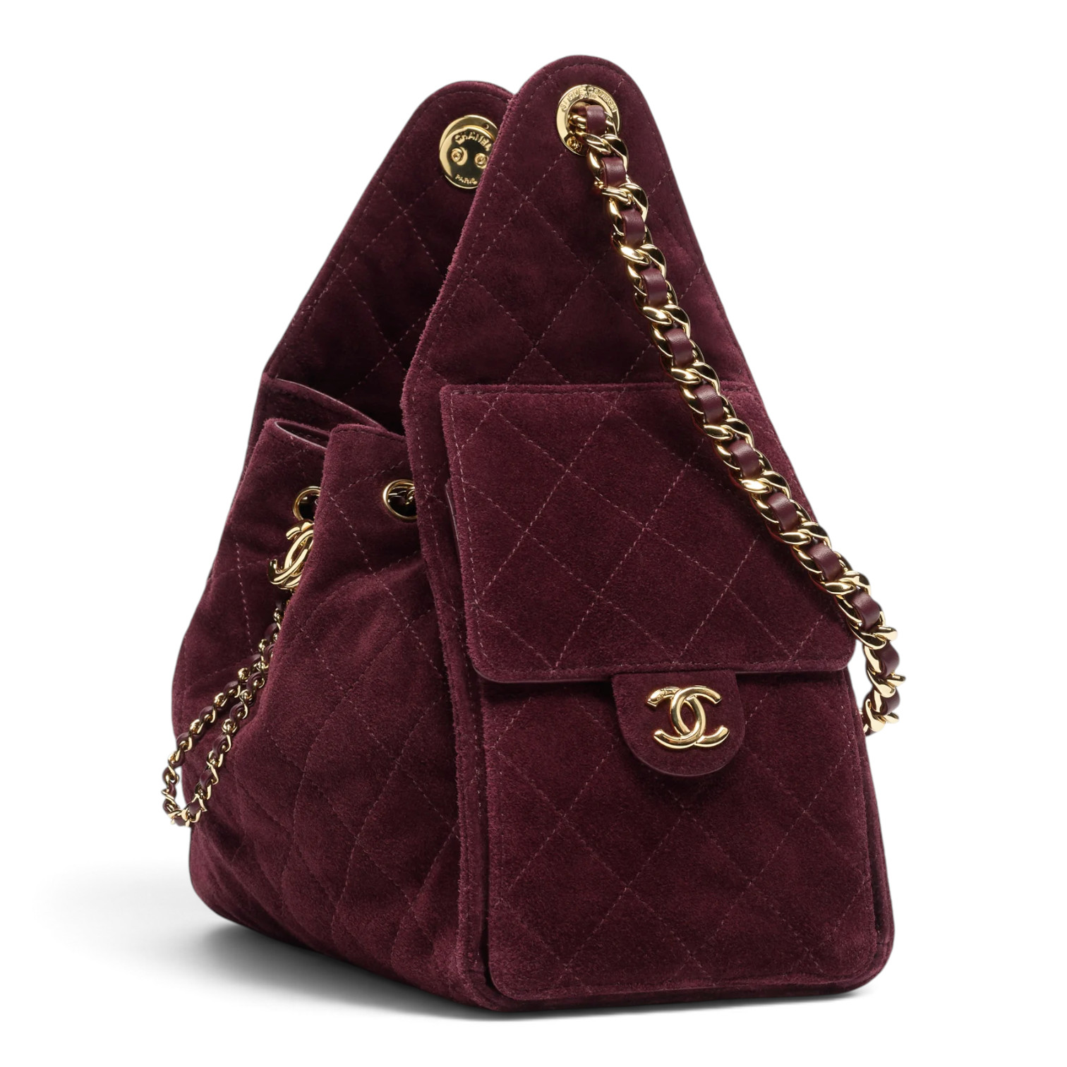 Chanel Chanel 25 Small Handbag Suede Calfskin & Gold-Tone Metal Burgundy – detail view in premium quality with AA+ craftsmanship