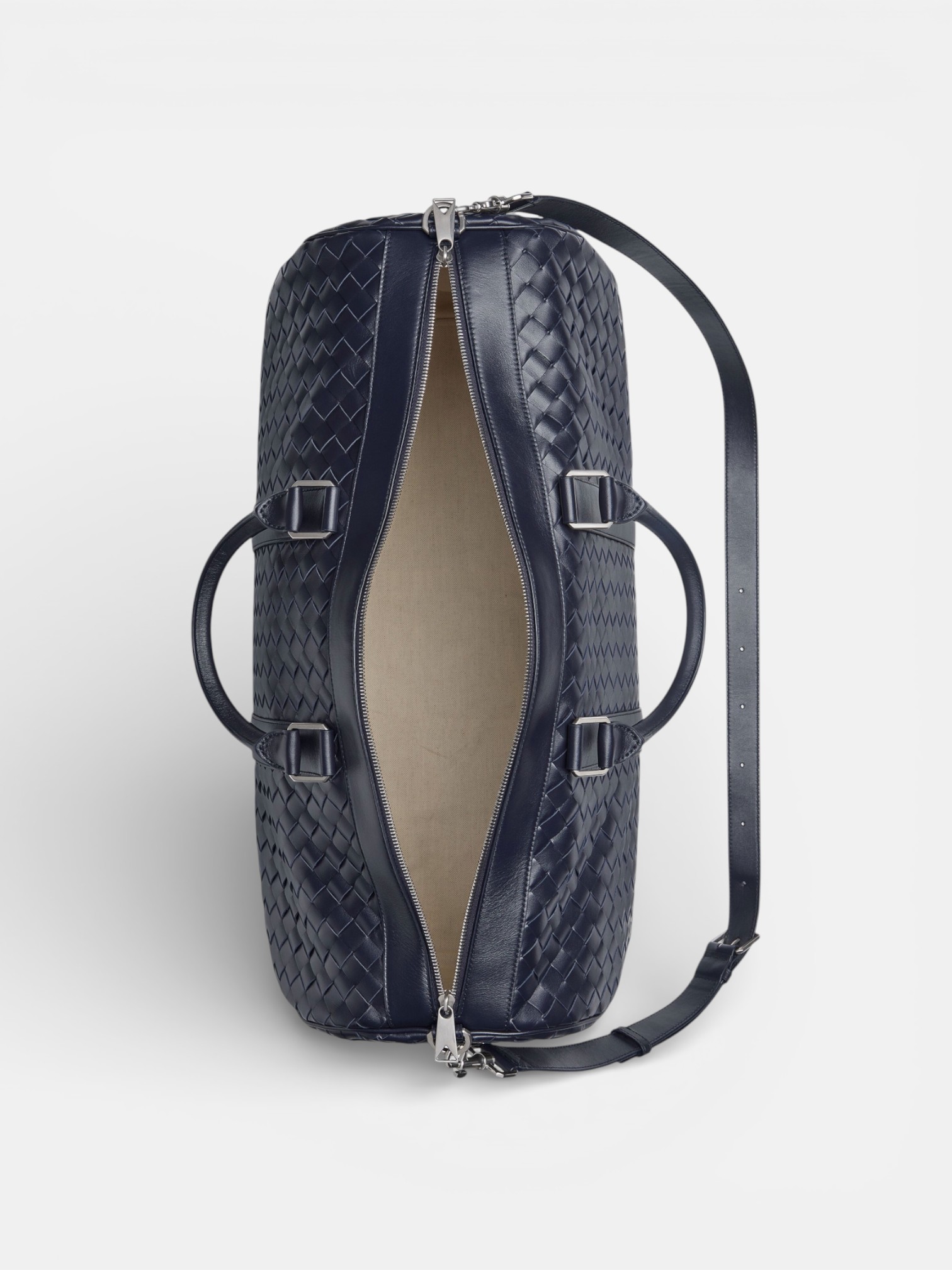 Bottega Bottega Veneta Intrecciato Cabin Duffle Navy Blue – side profile view in premium quality with AA+ craftsmanship