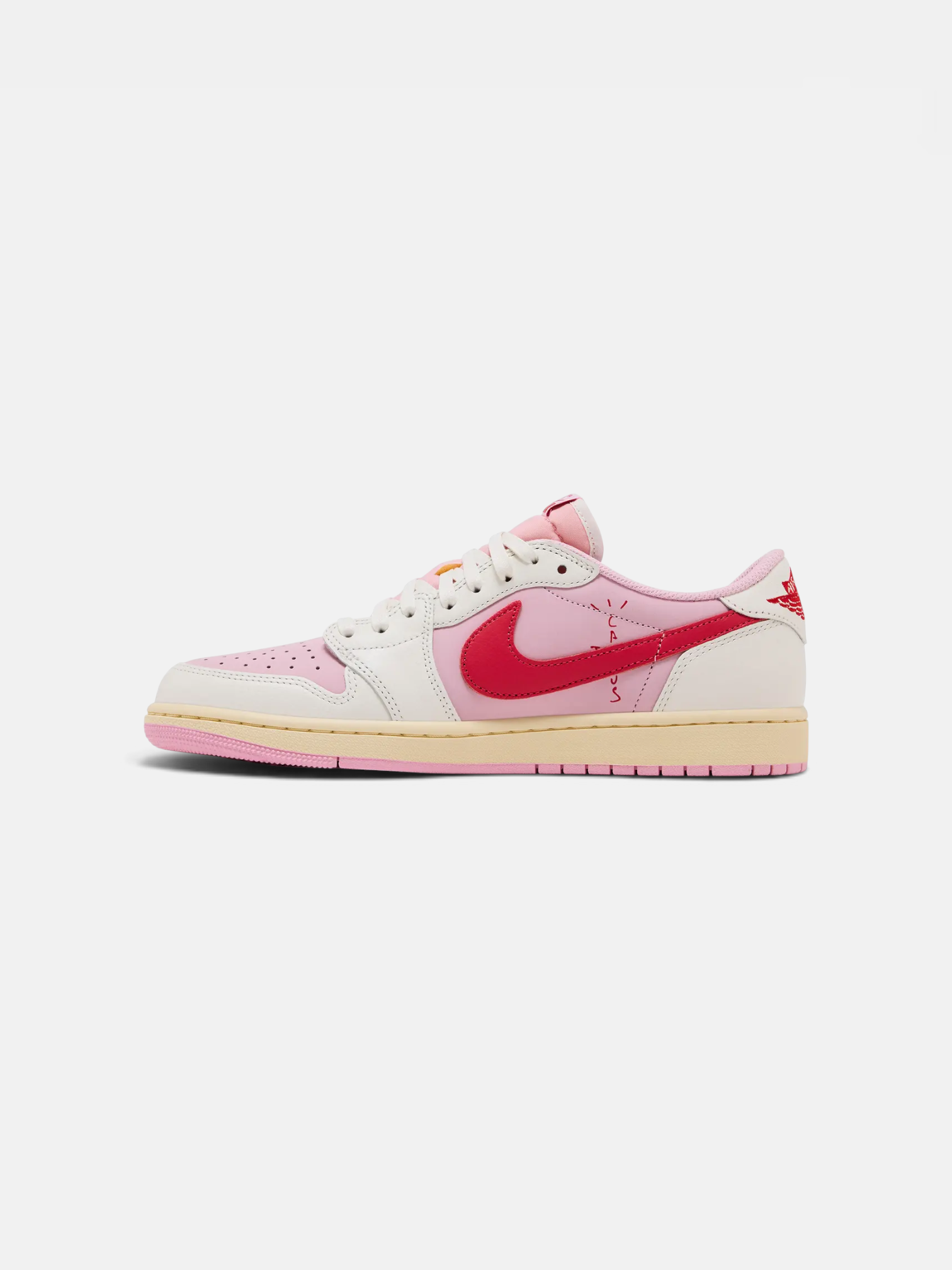 Travis Travis Scott x Air Jordan 1 Retro Low Sail Tropical Pink – side profile view in premium quality with AA+ craftsmanship