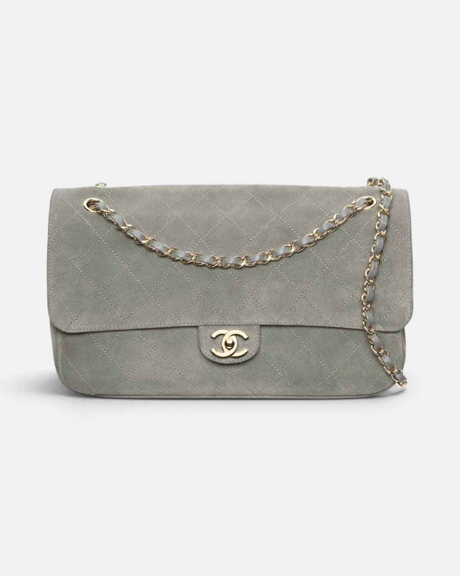 Chanel Maxi Flap Bag Suede Calfskin & Gold Metal Dark Grey