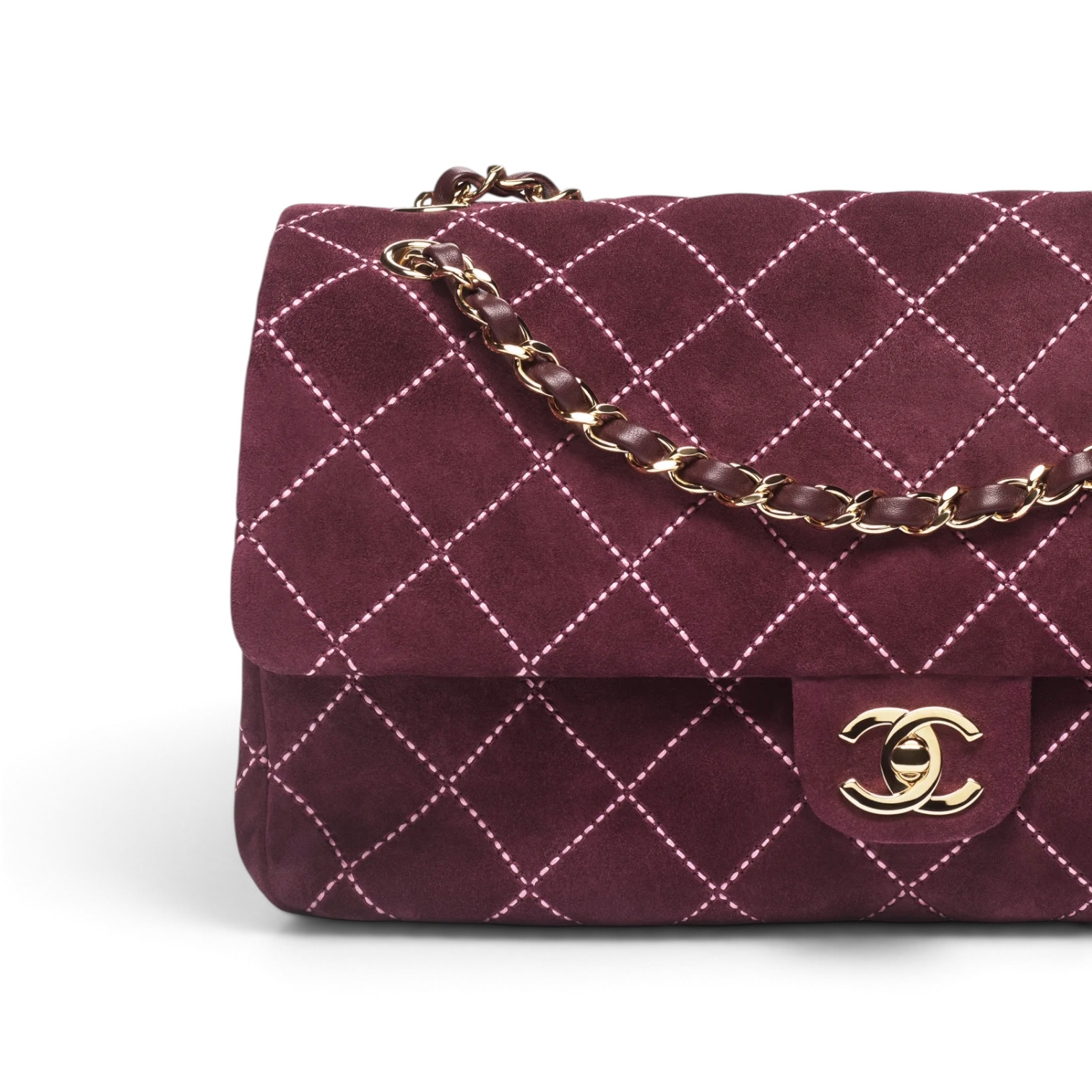 Chanel Chanel Maxi Flap Bag Suede Calfskin & Gold-Tone Metal Burgundy – detail view in premium quality with AA+ craftsmanship