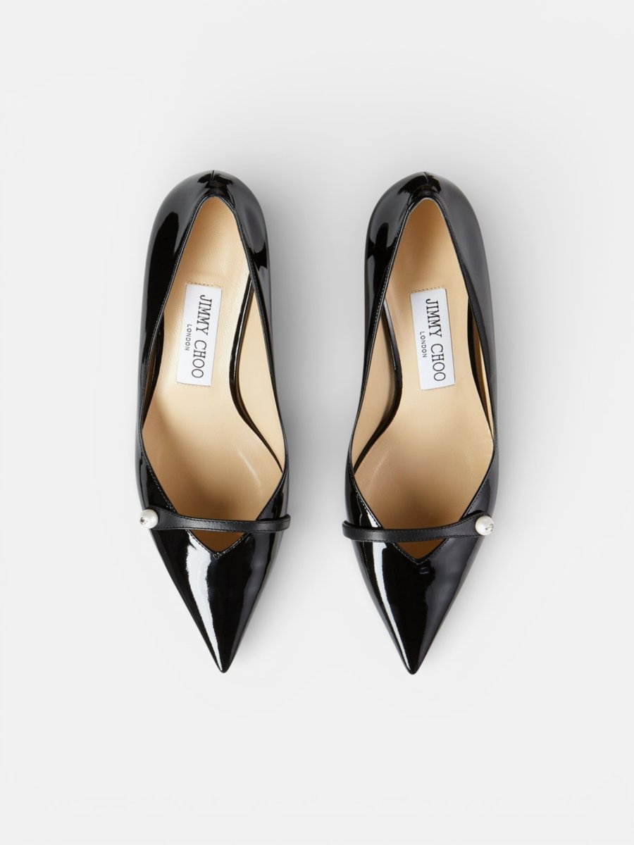 Jimmy Cho Black Patent Pointed Pumps Pearl Detail - Preview