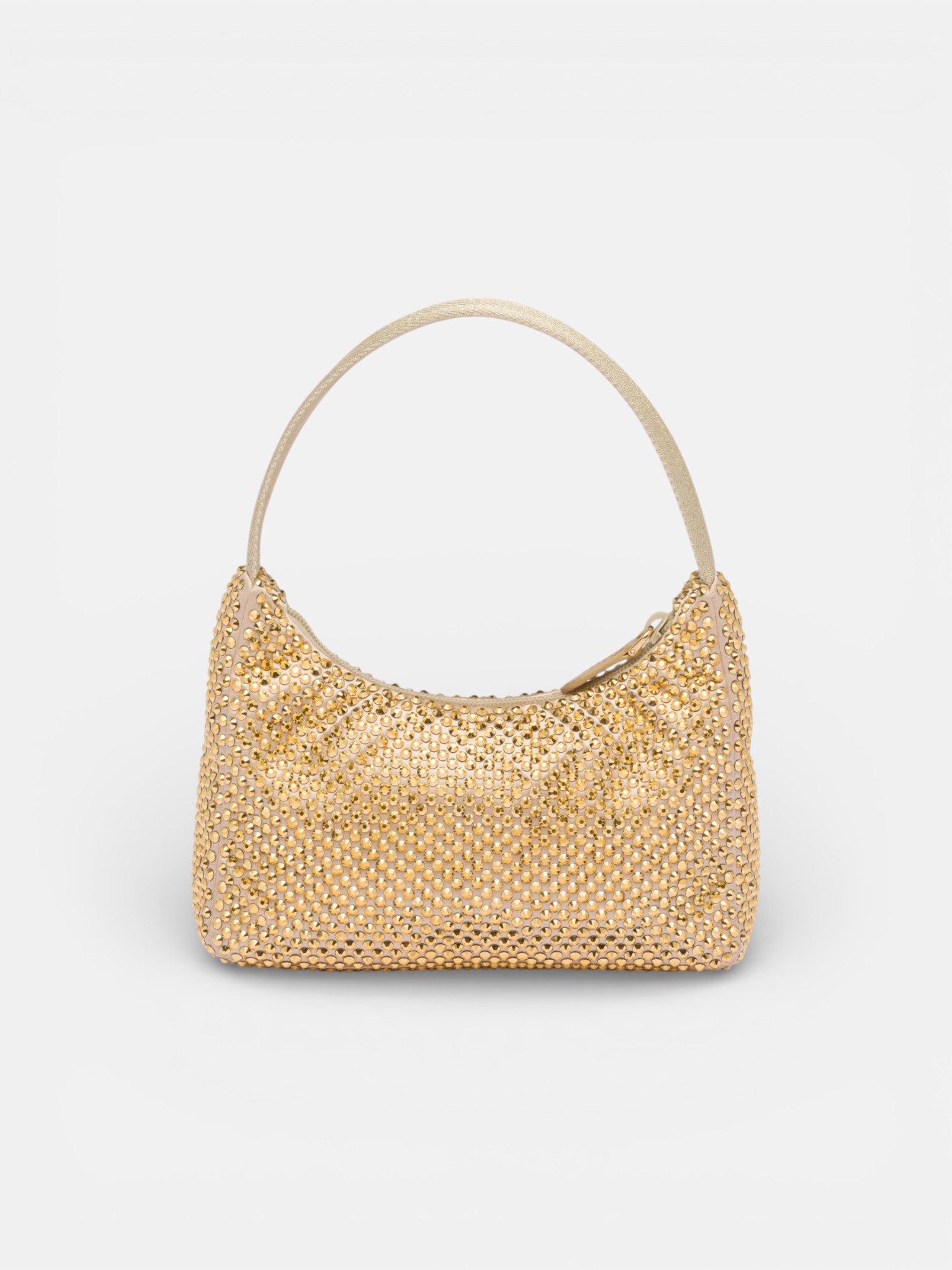 Prada Prada Re-Edition Mini Satin Bag with Crystals Platinum – close-up detail view in premium quality with AA+ craftsmanship