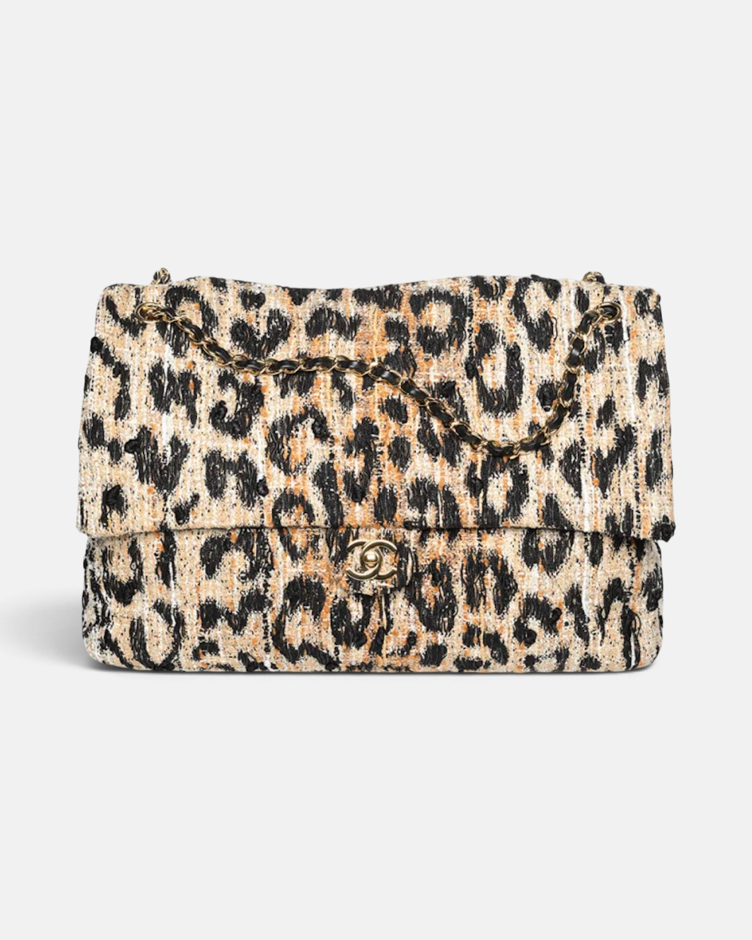 Chanel Chanel Maxi Flap Bag Tweed, Mixed Fibers & Gold-Tone Metal Brown, Black & White – side profile view in premium quality with AA+ craftsmanship