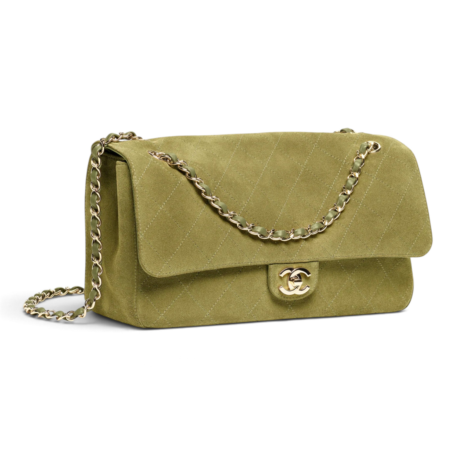 Chanel Chanel Maxi Flap Bag Suede Calfskin & Gold Metal Khaki – close-up detail view in premium quality with AA+ craftsmanship