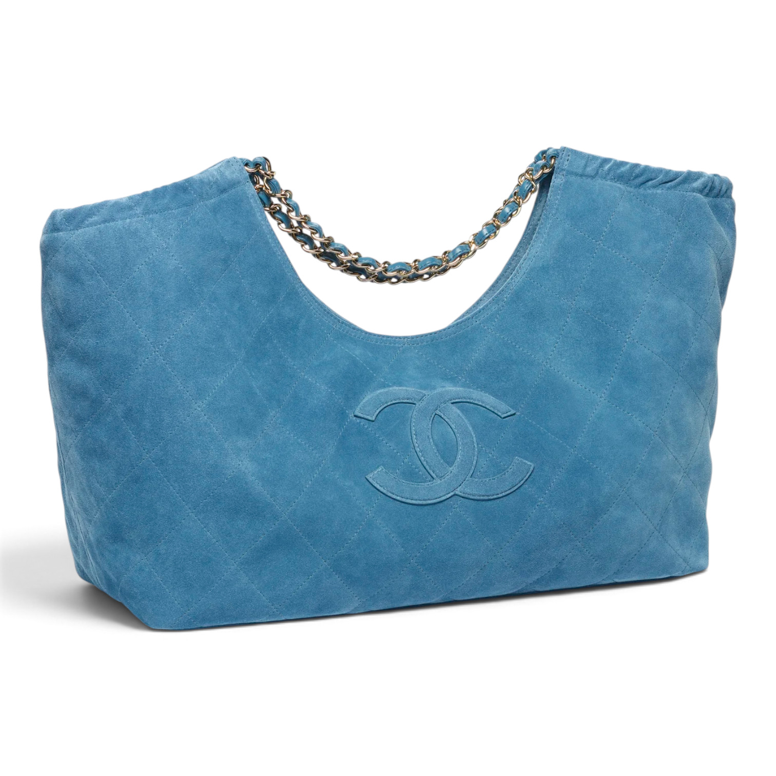 Chanel Chanel Large Tote Suede Calfskin & Gold-Tone Metal Blue – close-up detail view in premium quality with AA+ craftsmanship