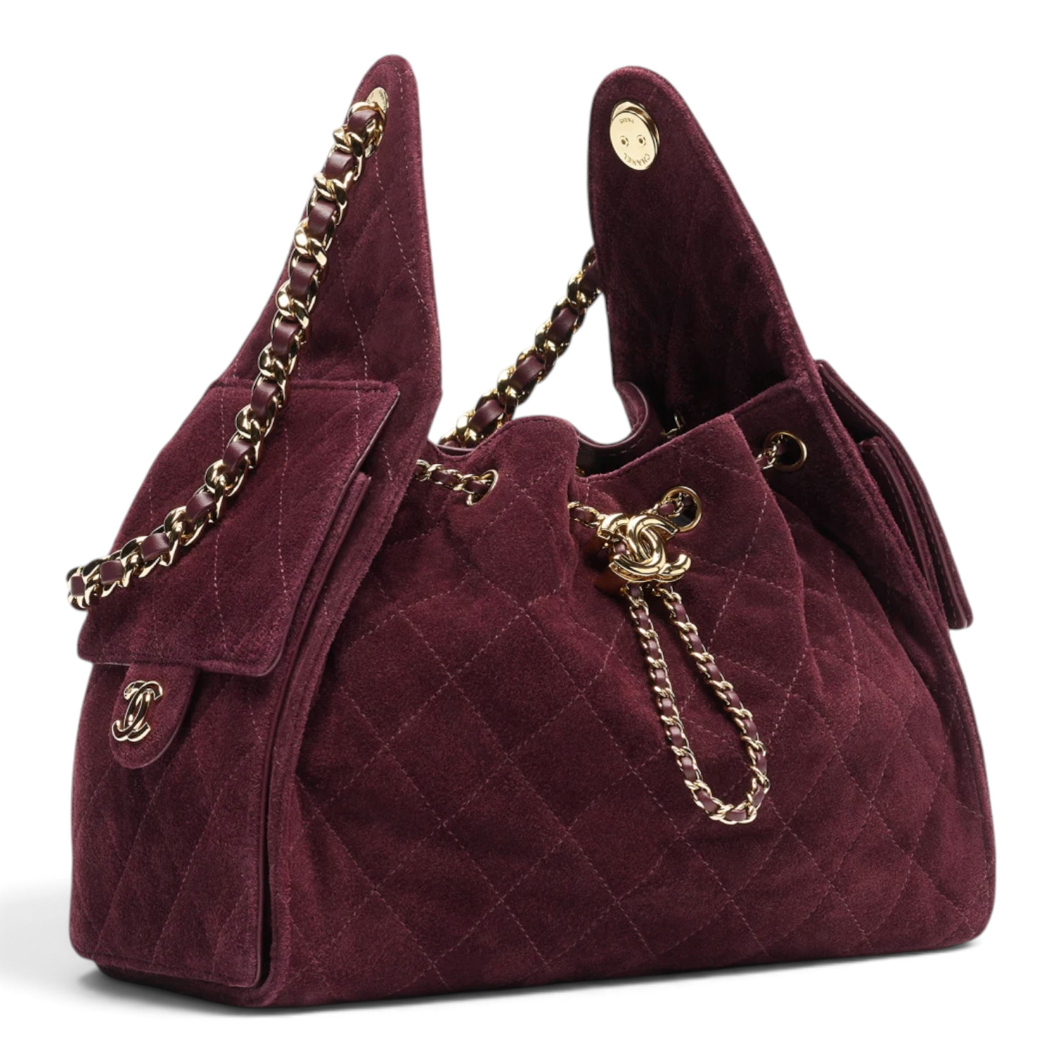 Chanel Chanel 25 Small Handbag Suede Calfskin & Gold-Tone Metal Burgundy – close-up detail view in premium quality with AA+ craftsmanship