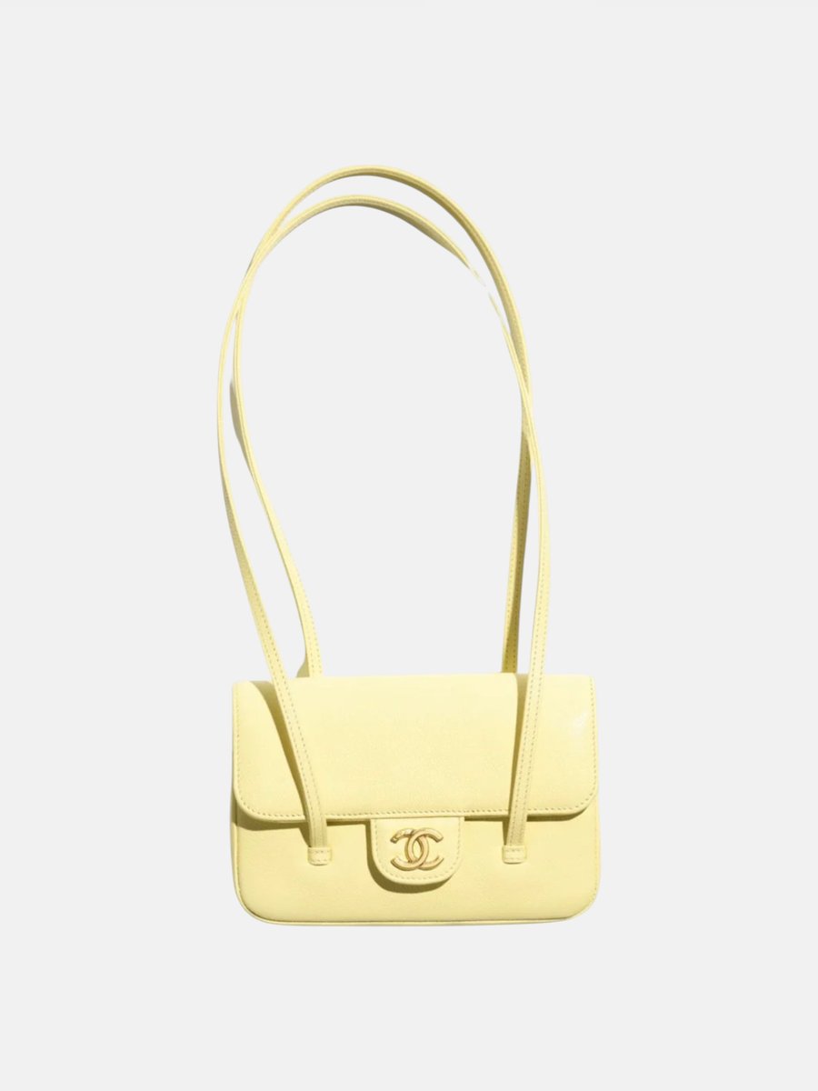 Chanel Clutch With Leather Strap Grained Shiny Calfskin & Gold Tone Metal Light Yellow