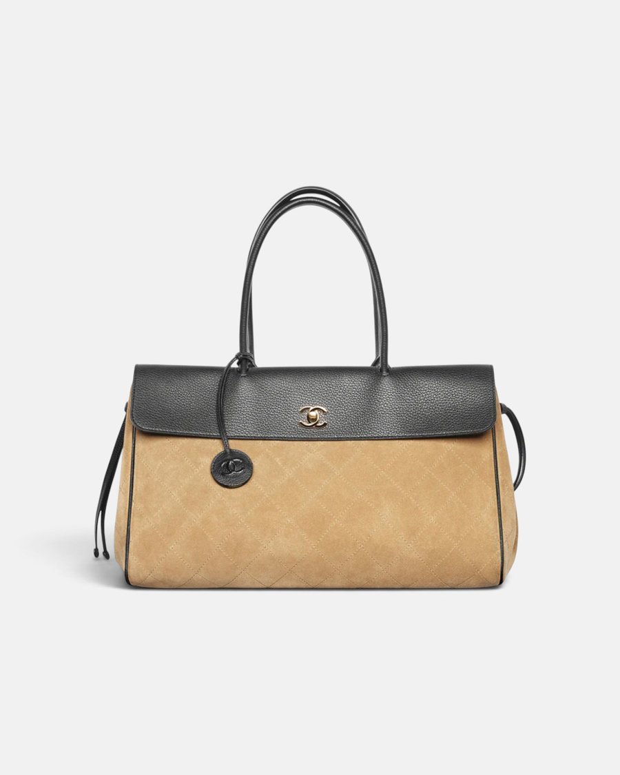 Chanel Large Tote Suede Calfskin, Grained Calfskin & Gold-Tone Metal Dark Beige & Black - Preview