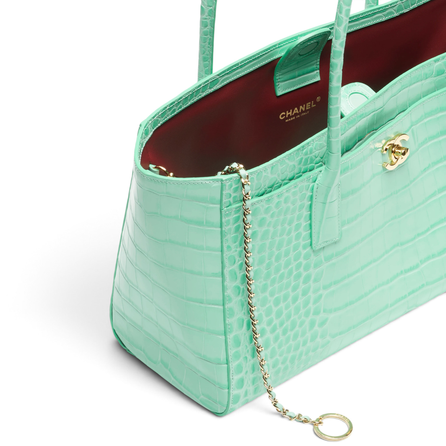 Chanel Chanel Small Tote Crocodile Embossed Calfskin & Gold-Tone Metal Turquise – detail view in premium quality with AA+ craftsmanship