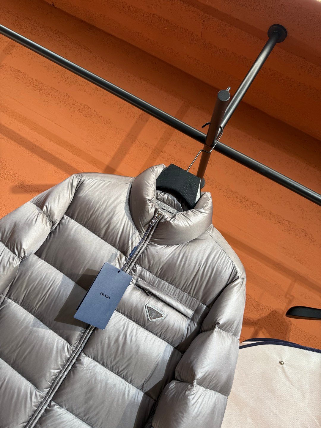 Prada Prada Puffere Jacket Silver – close-up detail view in premium quality with AA+ craftsmanship