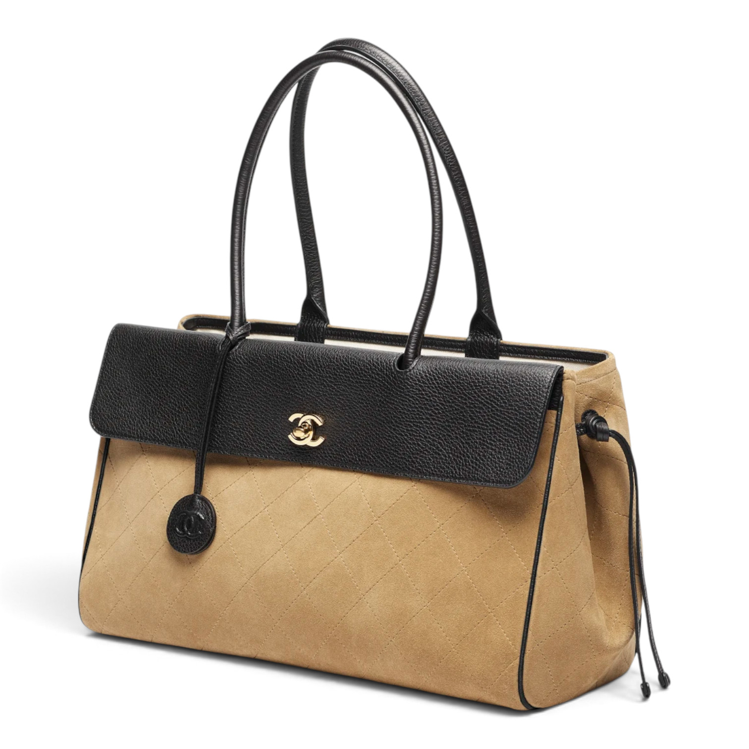 Chanel Chanel Large Tote Suede Calfskin, Grained Calfskin & Gold-Tone Metal Dark Beige & Black – close-up detail view in premium quality with AA+ craftsmanship