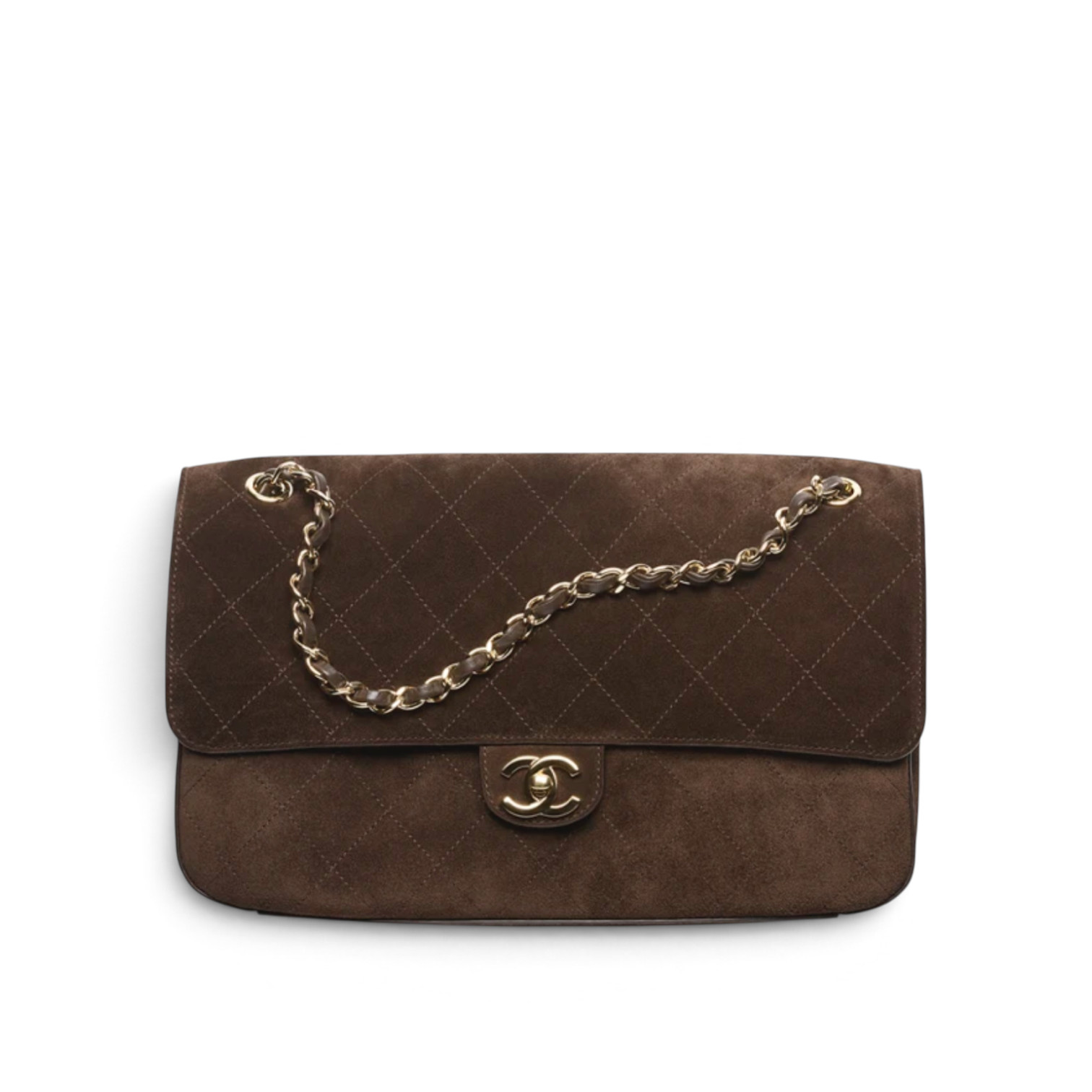 Chanel Chanel Maxi Flap Bag Suede Calfskin & Gold-Tone Metal Dark Brown – side profile view in premium quality with AA+ craftsmanship