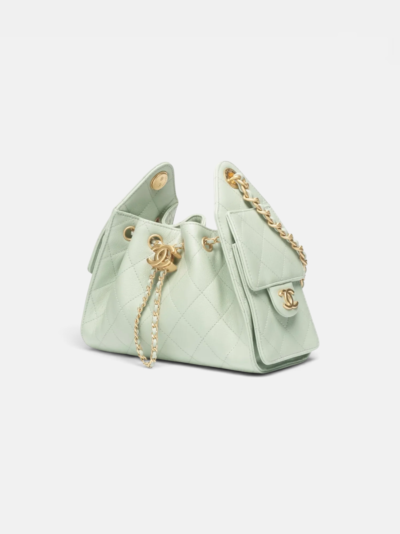 Chanel Chanel 25 Mini Handbag Grained Calfskin & Gold-Tone Metal in Light Green – side profile view in premium quality with AA+ craftsmanship