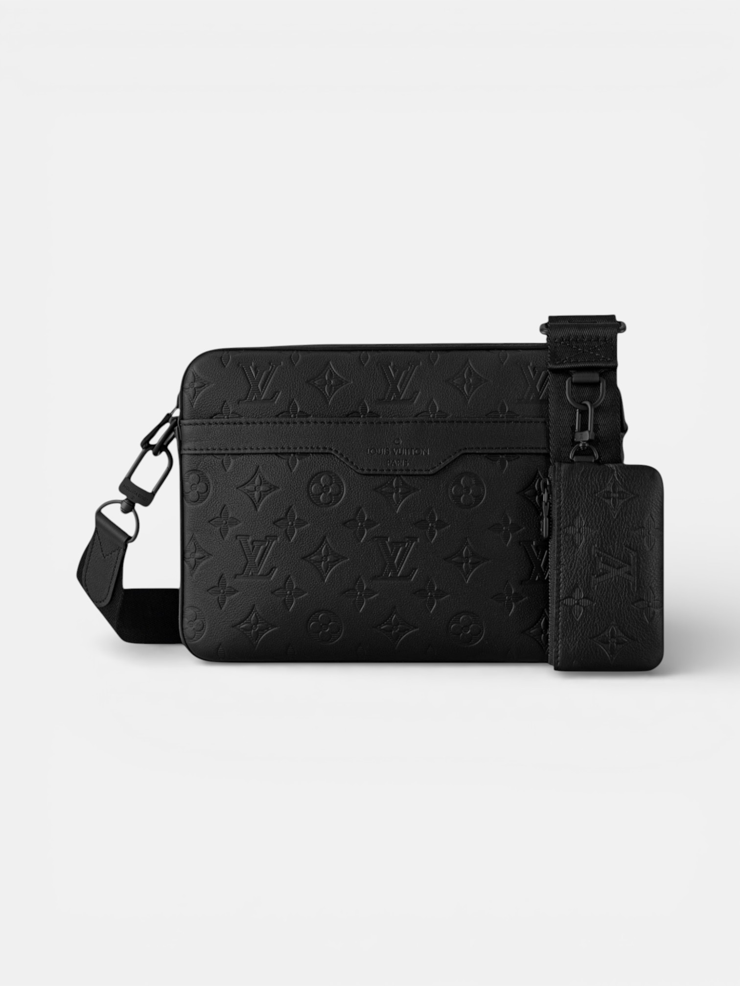 Louis Louis Vuitton Trio Messenger Bag Monogram Shadow – side profile view in premium quality with AA+ craftsmanship