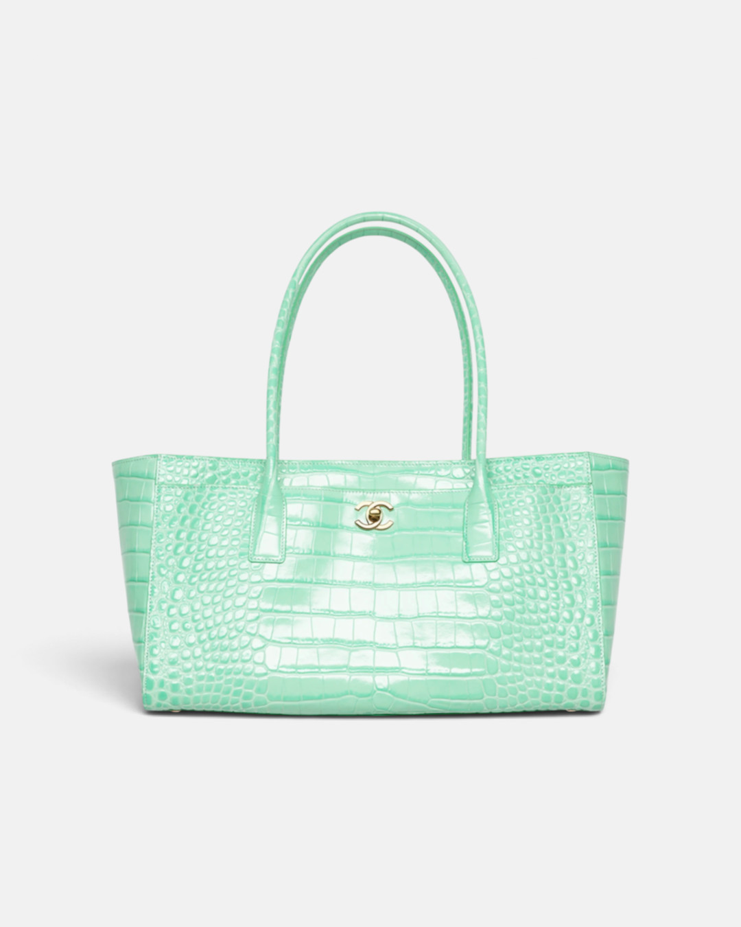 Chanel Chanel Small Tote Crocodile Embossed Calfskin & Gold-Tone Metal Turquise – side profile view in premium quality with AA+ craftsmanship