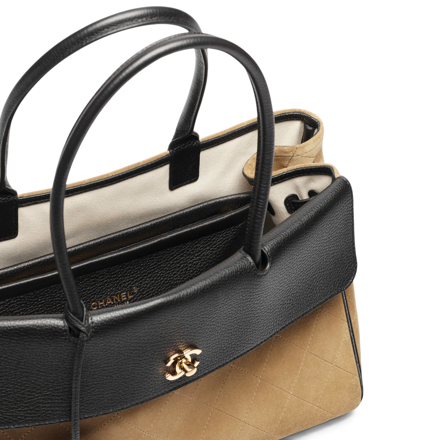 Chanel Chanel Large Tote Suede Calfskin, Grained Calfskin & Gold-Tone Metal Dark Beige & Black – detail view in premium quality with AA+ craftsmanship