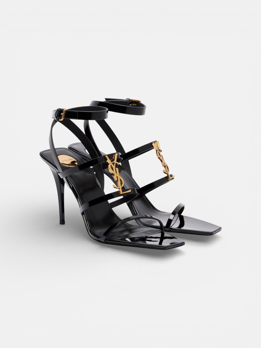 YSL Cassandra 90 Patent Leather Sandals Black