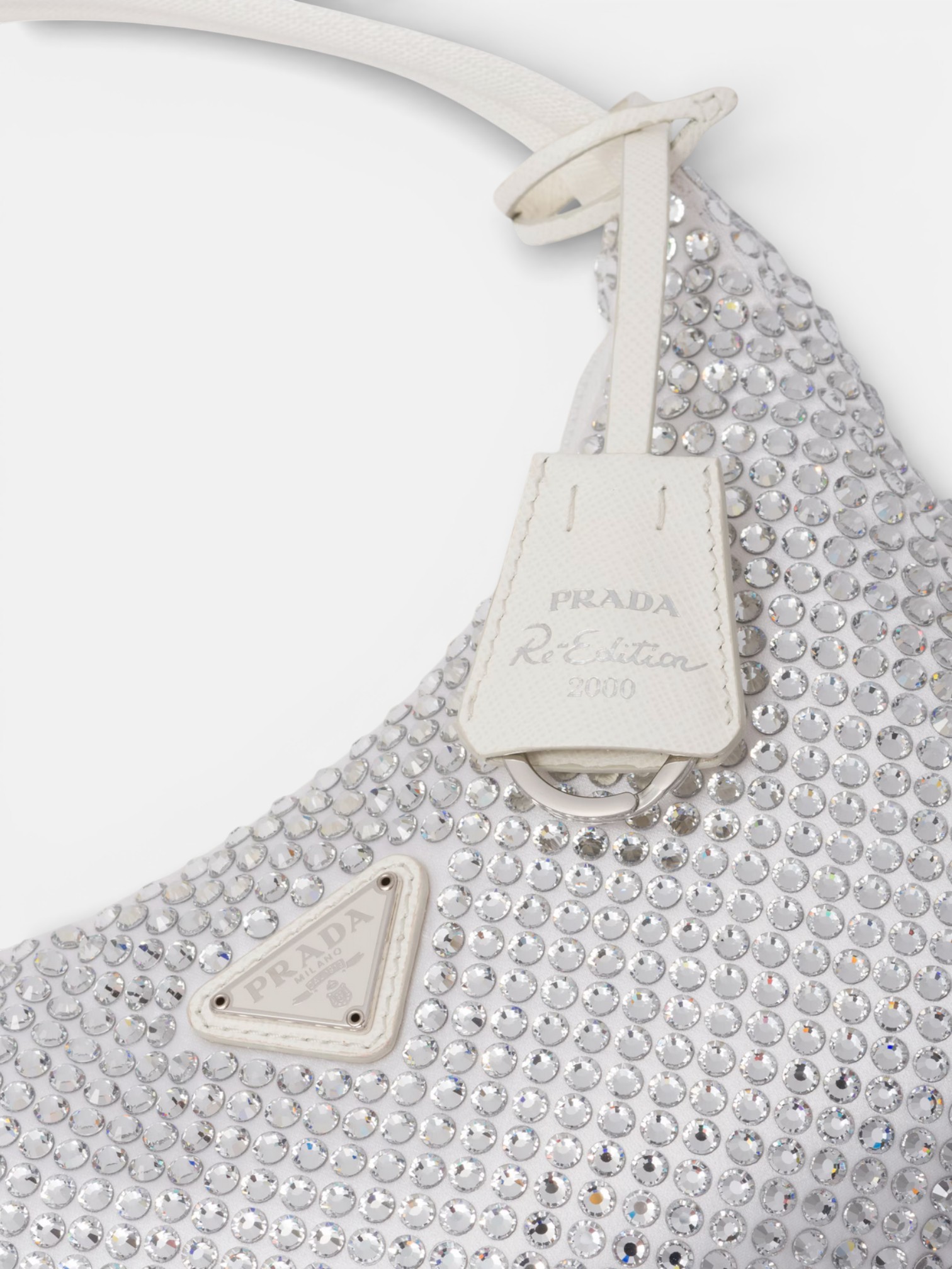 Prada Prada Re-Edition Mini Satin Bag with Crystals White – detail view in premium quality with AA+ craftsmanship