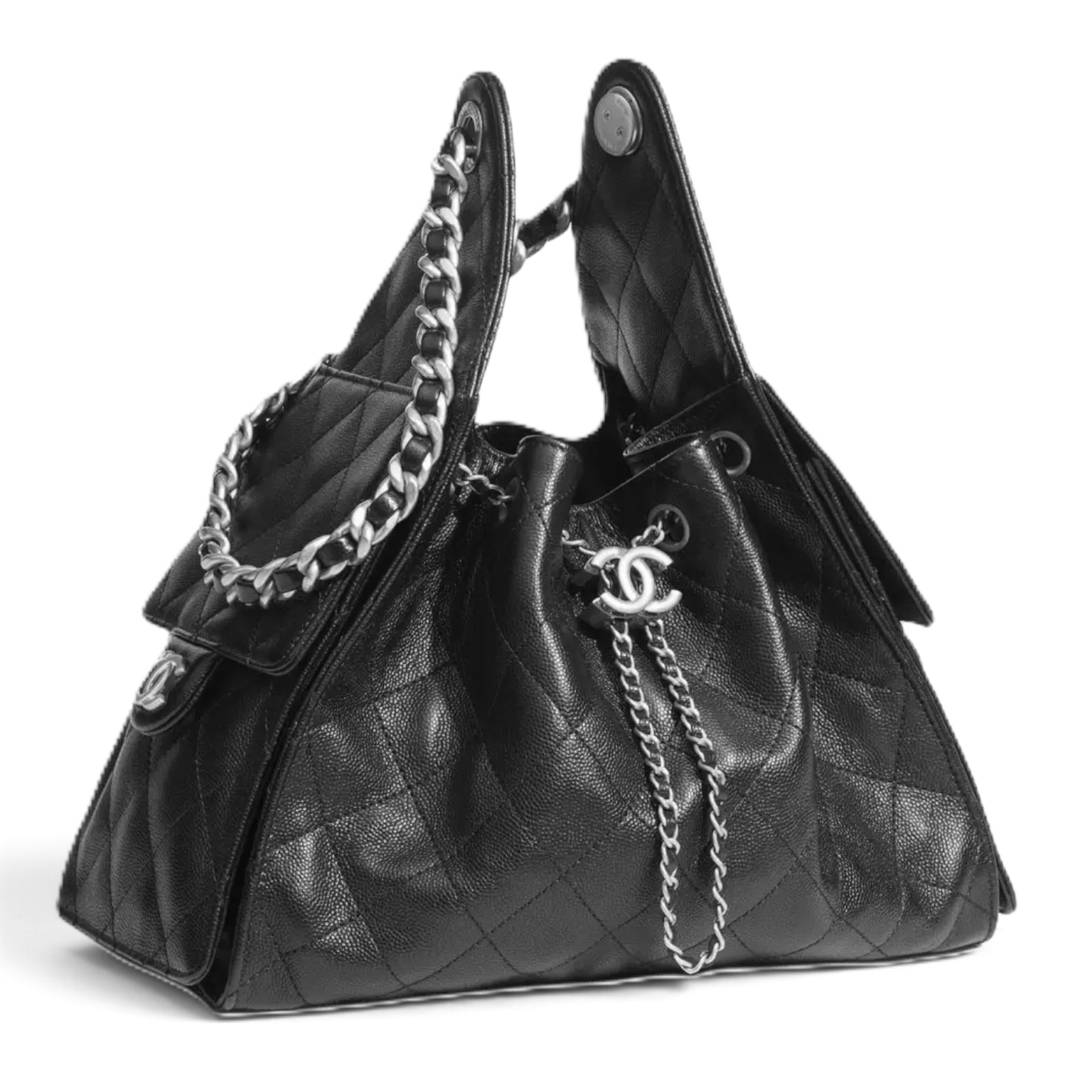 Chanel Chanel 25 Small Handbag Grained Calfskin & Silver-Tone Metal Black – close-up detail view in premium quality with AA+ craftsmanship
