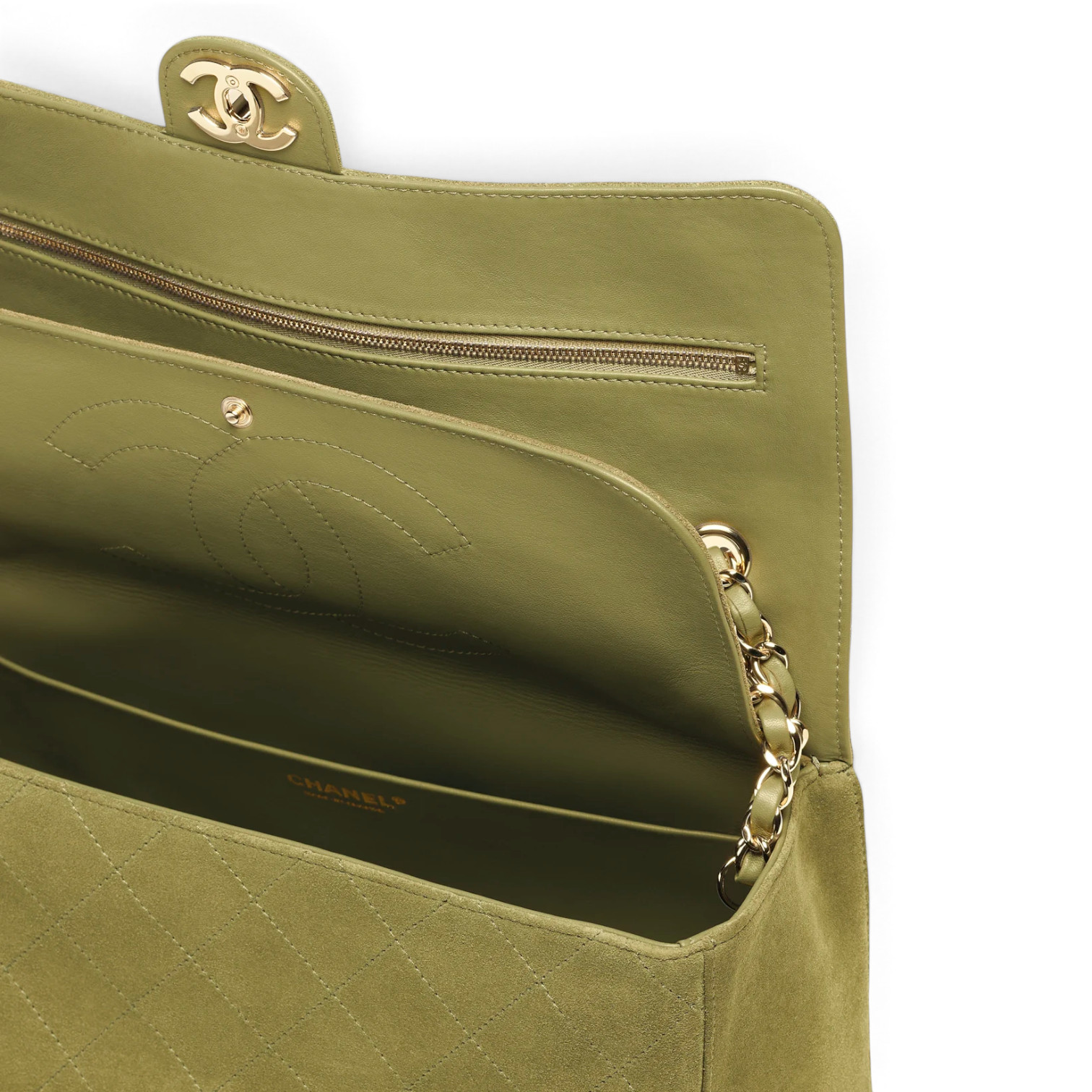 Chanel Chanel Maxi Flap Bag Suede Calfskin & Gold Metal Khaki – detail view in premium quality with AA+ craftsmanship