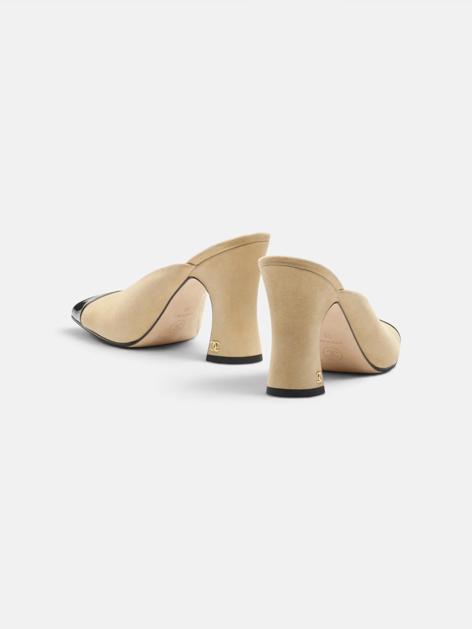 Chanel Chanel Mules in Suede Kidskin & Patent Calfskin Beige – side profile view in premium quality with AA+ craftsmanship