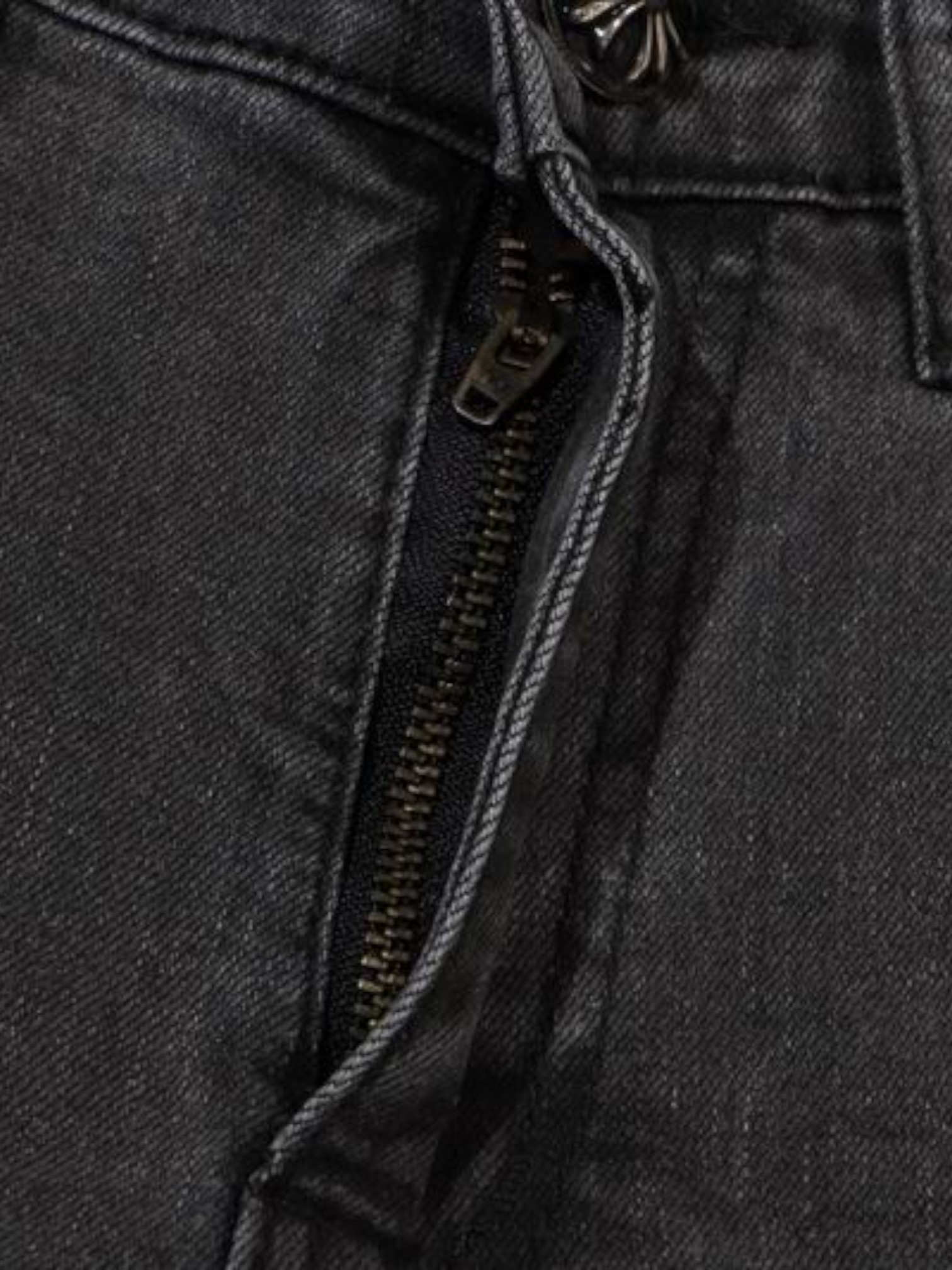 Chrome Chrome Hearts Cathedral Cross Jeans Charcoal – close-up detail view in premium quality with AA+ craftsmanship