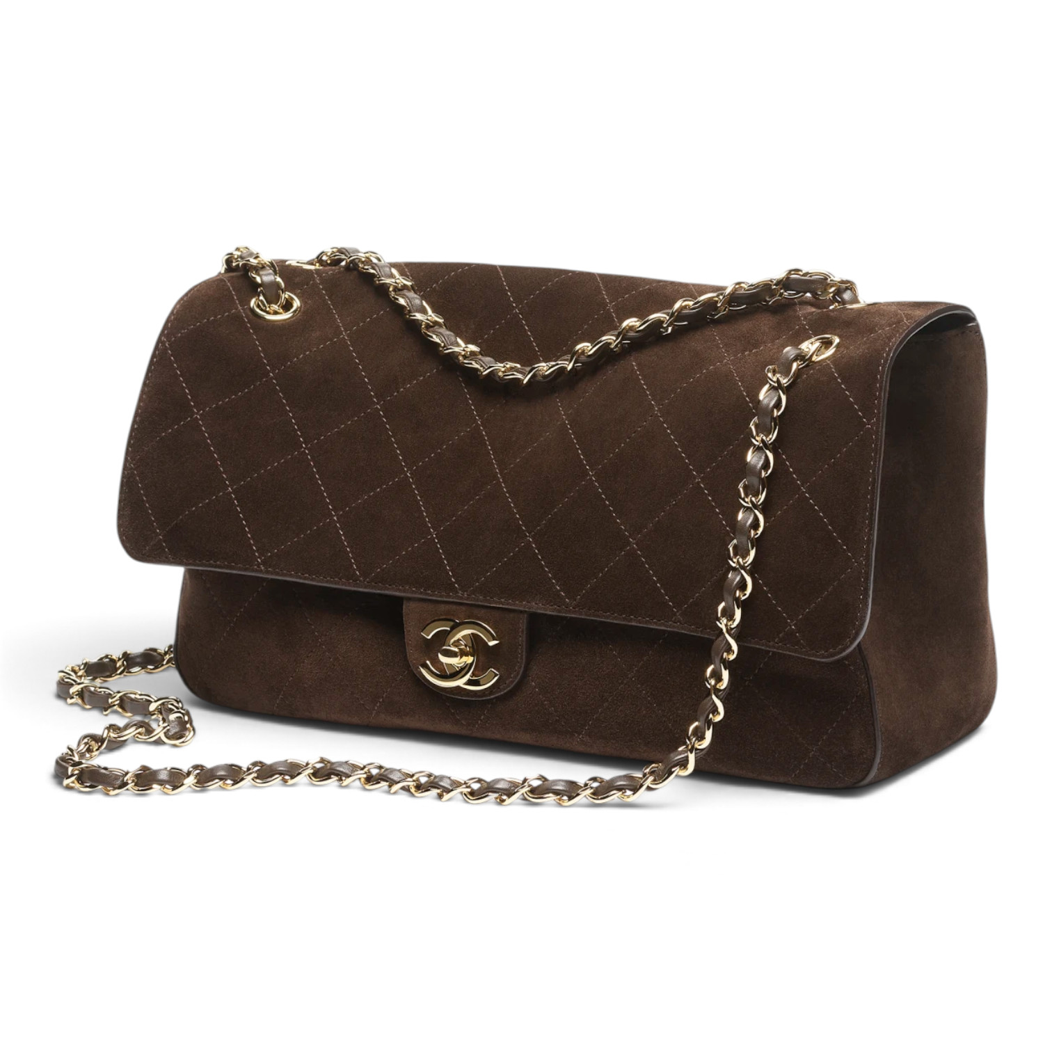 Chanel Chanel Maxi Flap Bag Suede Calfskin & Gold-Tone Metal Dark Brown – close-up detail view in premium quality with AA+ craftsmanship
