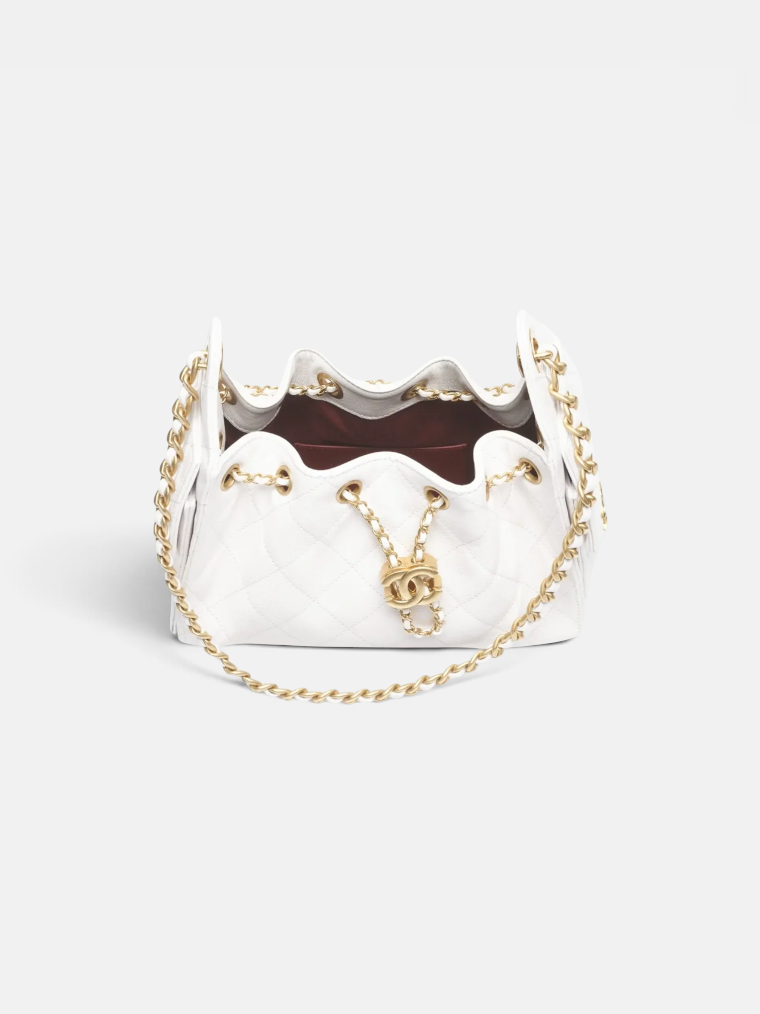 Chanel Chanel 25 Mini Handbag Grained Calfskin & Gold-Tone Metal in White – close-up detail view in premium quality with AA+ craftsmanship