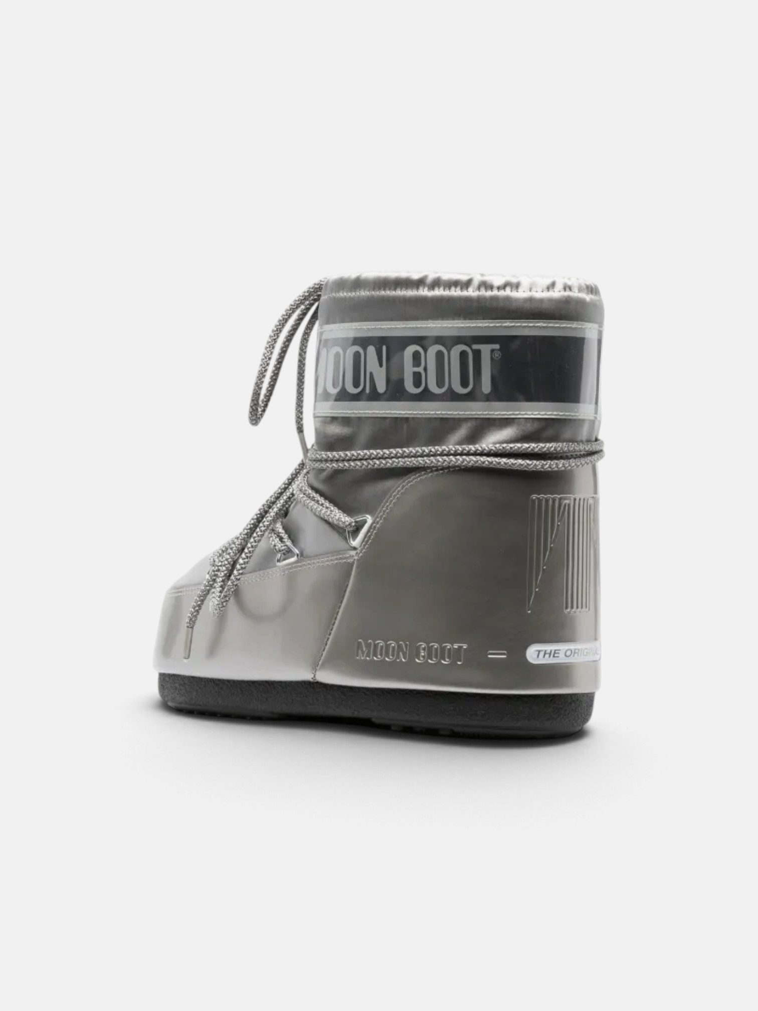 Moon Moon Boot Icon Low Glance Satin Boots Silver – close-up detail view in premium quality with AA+ craftsmanship