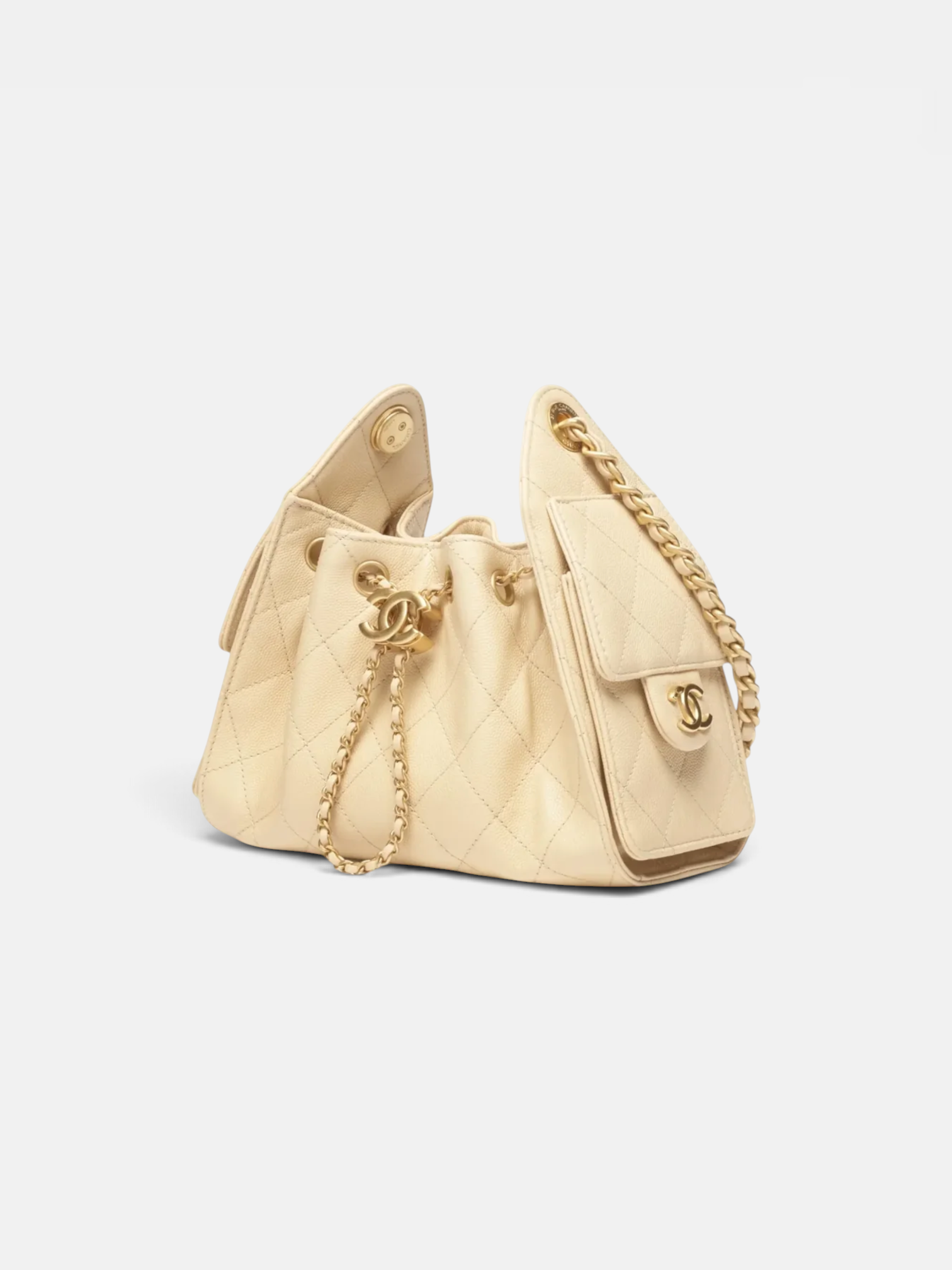 Chanel Chanel 25 Mini Handbag Grained Calfskin & Gold-Tone Metal in Beige – side profile view in premium quality with AA+ craftsmanship