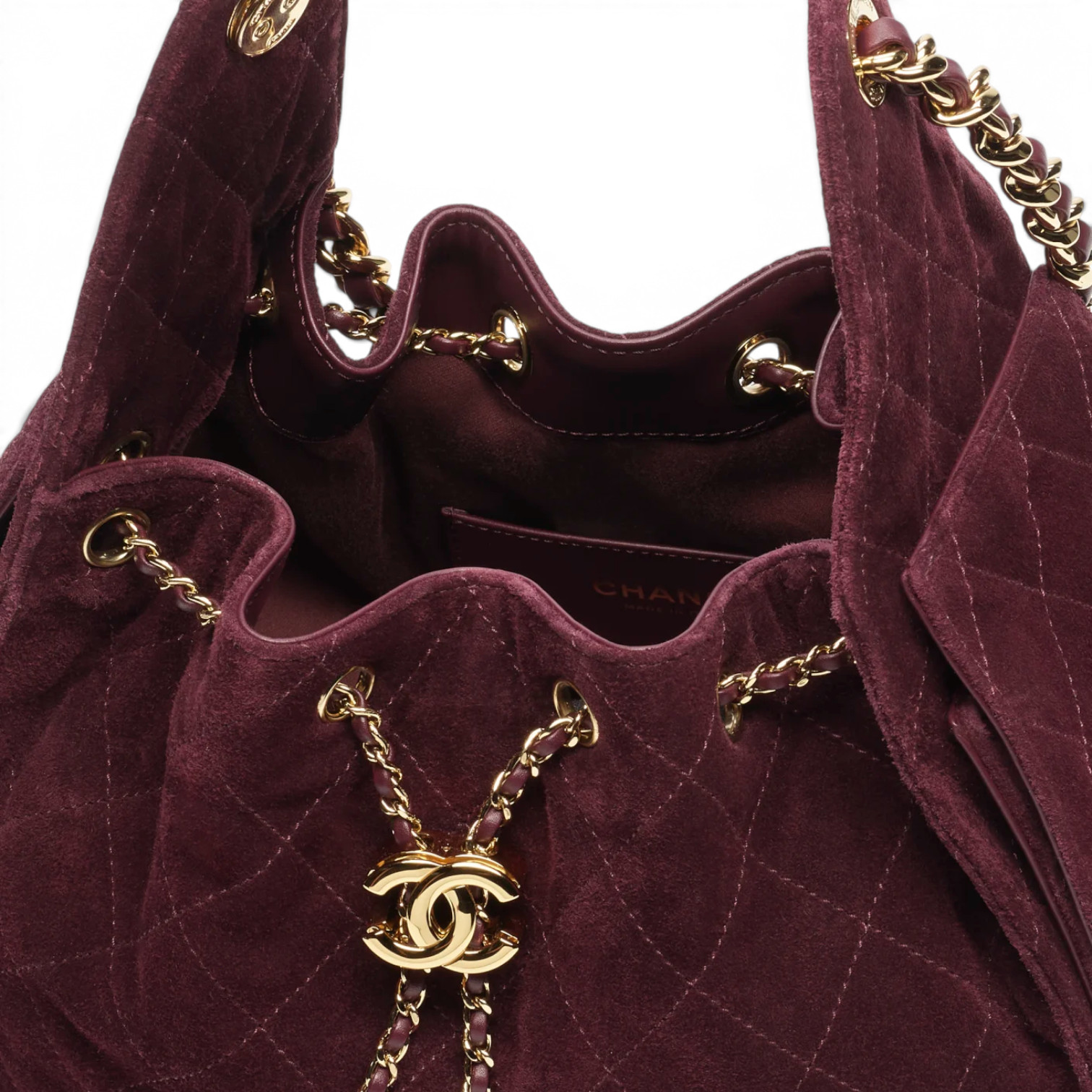 Chanel Chanel 25 Small Handbag Suede Calfskin & Gold-Tone Metal Burgundy – detail view in premium quality with AA+ craftsmanship