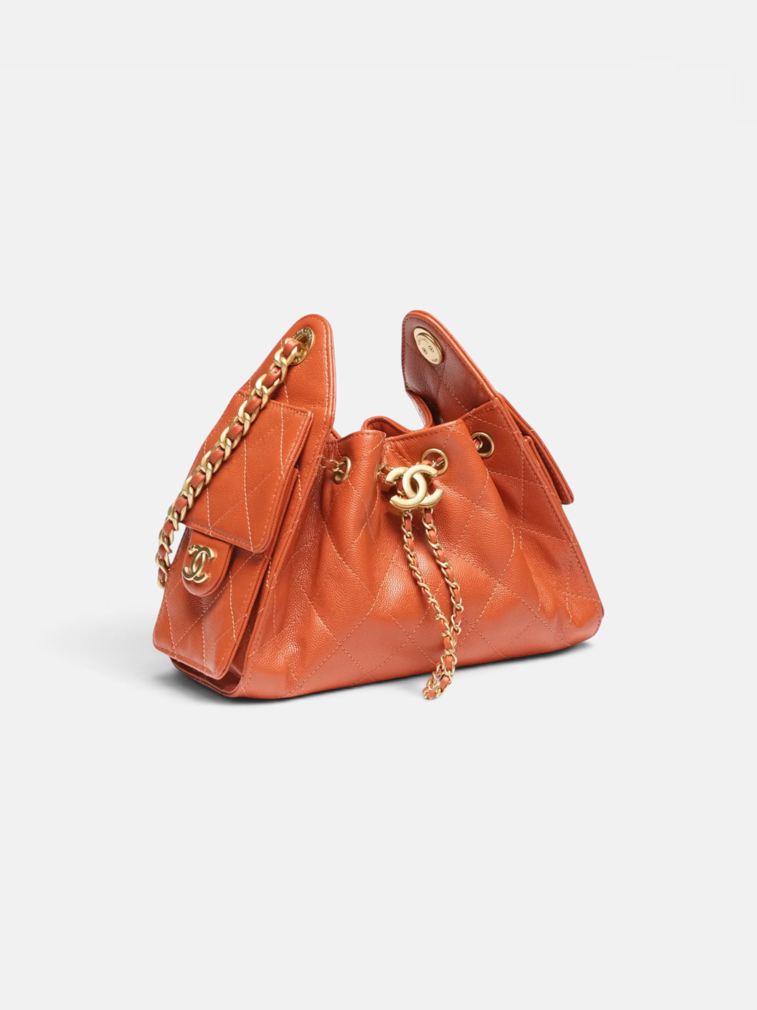 Chanel Chanel 25 Mini Handbag Grained Calfskin & Gold-Tone Metal in Dark Orange – side profile view in premium quality with AA+ craftsmanship