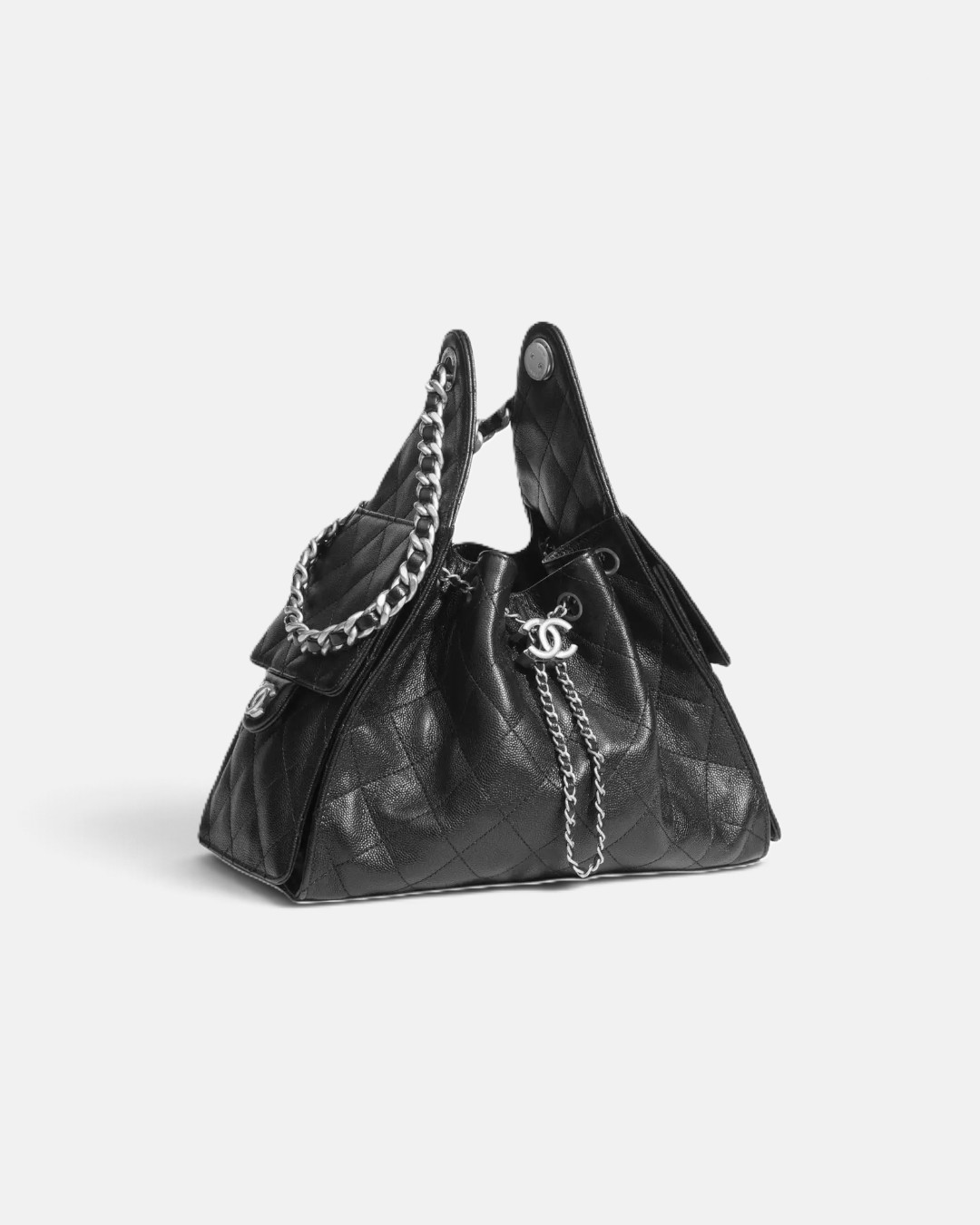 Chanel Chanel 25 Small Handbag Grained Calfskin & Silver-Tone Metal Black – side profile view in premium quality with AA+ craftsmanship