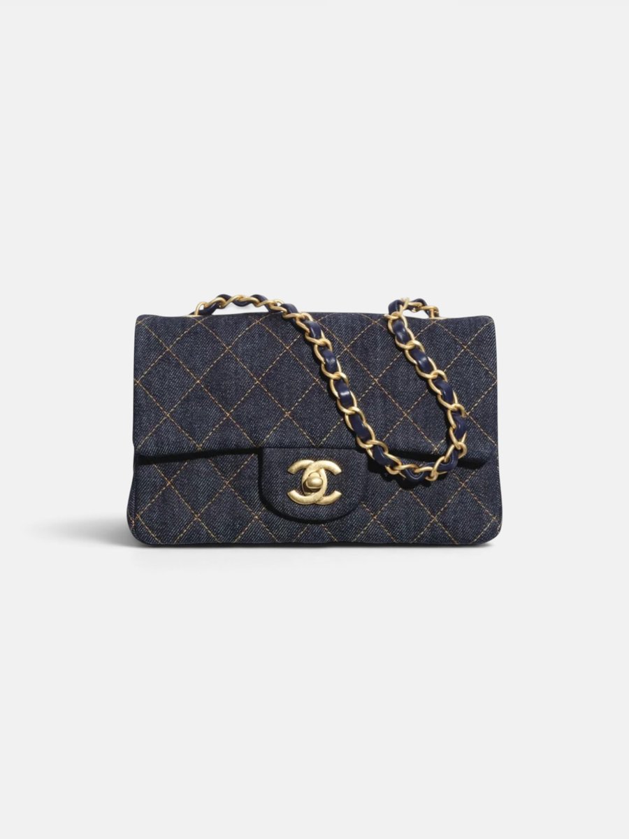 Chanel Mini Classic Handbag Tweed & Fabrics With Gold Metal Denim