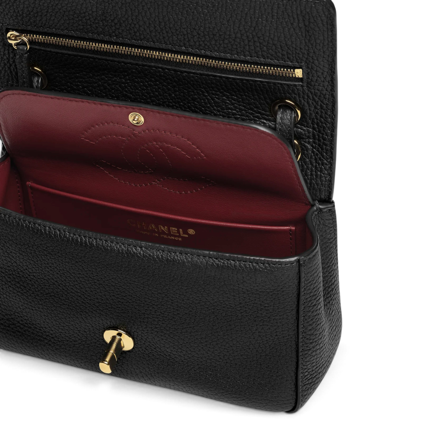 Chanel Chanel Mini Flap Bag Grained Calfskin & Gold-Tone Metal Black – detail view in premium quality with AA+ craftsmanship