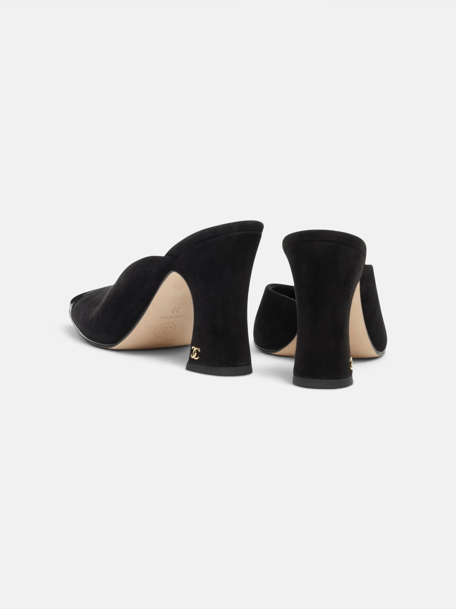 Chanel Chanel Mules in Suede Kidskin & Patent Calfskin Black – side profile view in premium quality with AA+ craftsmanship